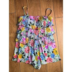 Fit 4 U Floral Tiered Ruffle Swim Romper Multicolor One Piece Swimsuit Size 14